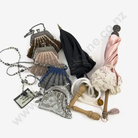 Three Beaded and All Metal Dolls Purses Two Umbrellas and Skip Rope