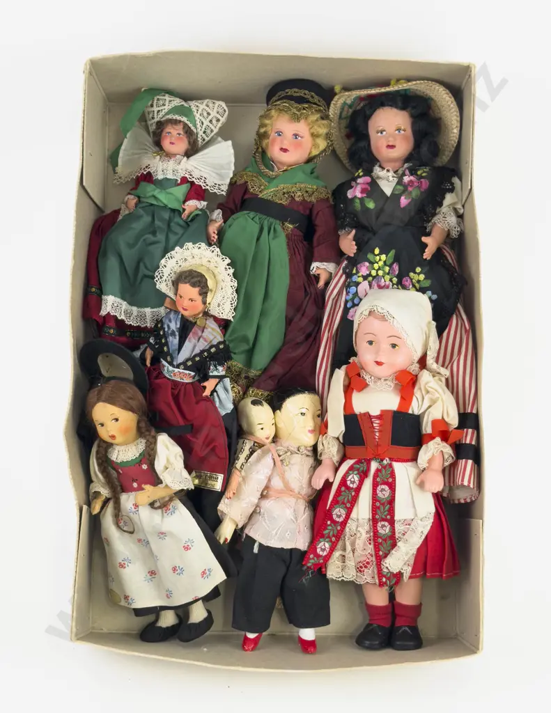 Four French Celluloid National Costume Dolls with Three Other Various (7) Image 1++