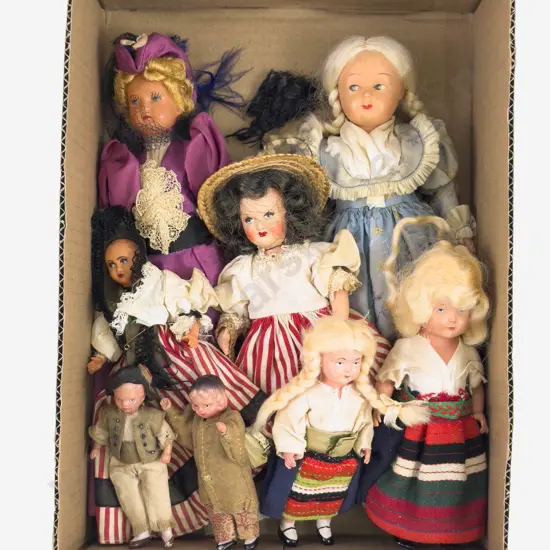 Collection Eight French and German Celluloid/Hard Plastic National Costume Dolls