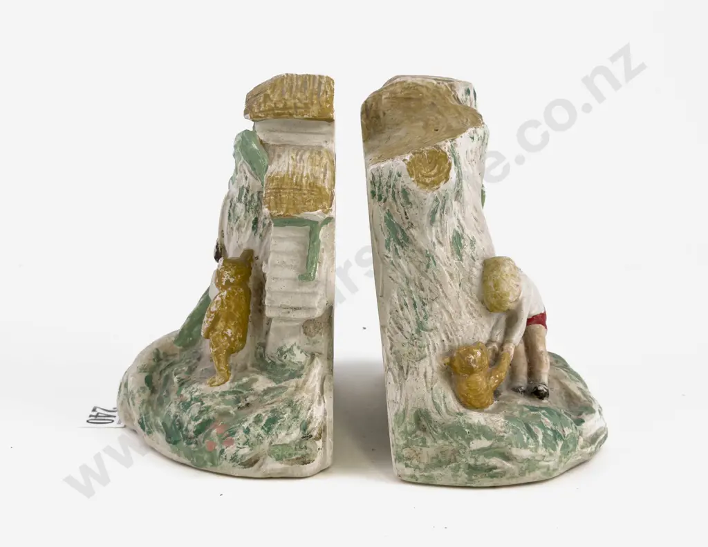 Pair Vintage Plaster Nursery Bookends Moulded with Scenes of Winnie the Pooh Image 1++