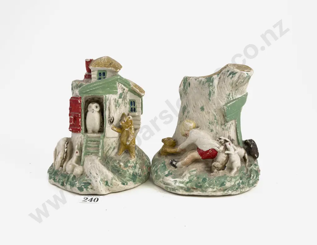 Pair Vintage Plaster Nursery Bookends Moulded with Scenes of Winnie the Pooh Image 1++
