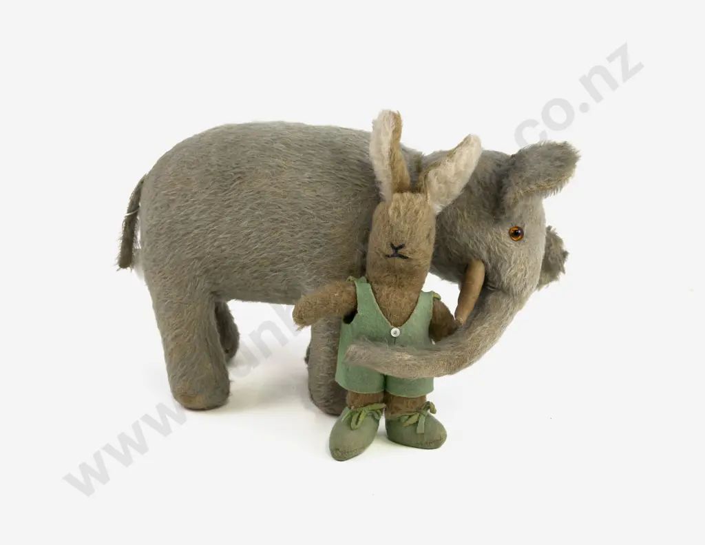 Possible Vintage Steiff Straw Filled Elephant and Chad Valley Bunny in Original Outfit Image 1++