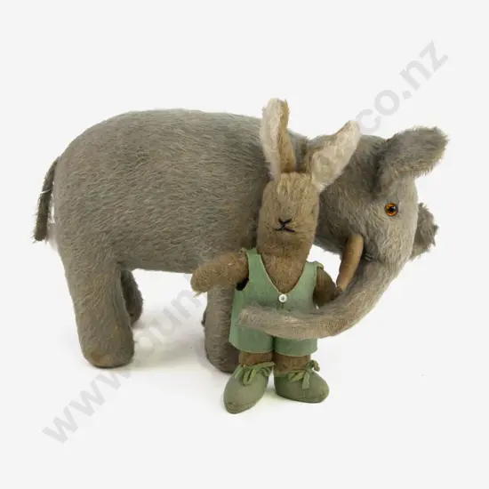 Possible Vintage Steiff Straw Filled Elephant and Chad Valley Bunny in Original Outfit