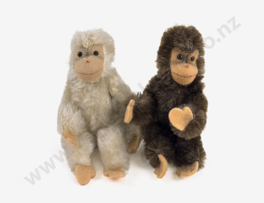 Two Vintage Steiff Jointed Monkeys - brown monkey with button on foot Image 1++