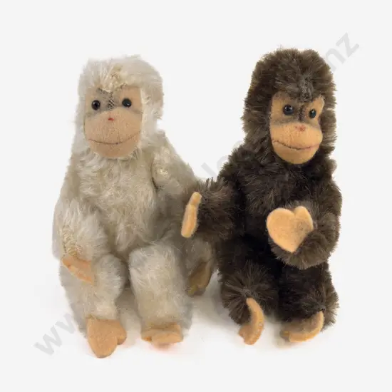 Two Vintage Steiff Jointed Monkeys - brown monkey with button on foot
