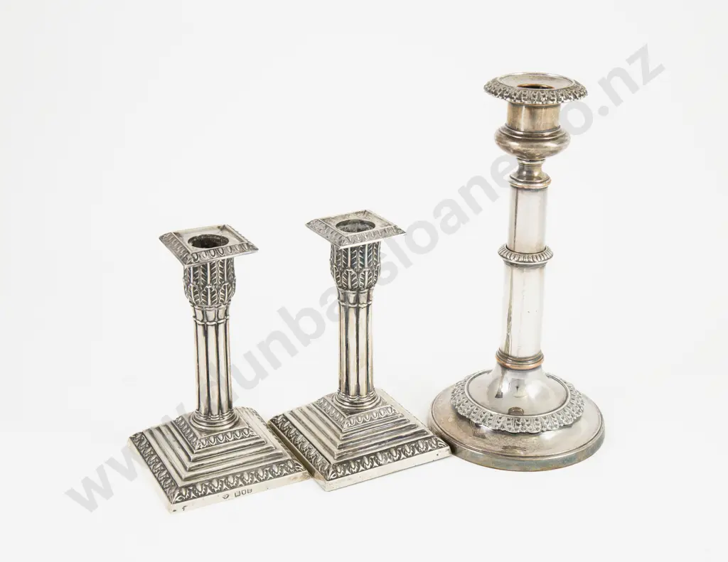 Pair Edw VII S/S Column Candlesticks & Sheffield Plate Candlestick Image 1++