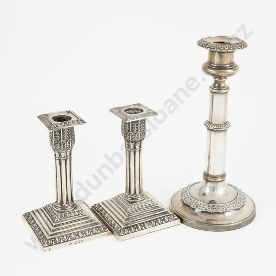 Pair Edw VII S/S Column Candlesticks & Sheffield Plate Candlestick