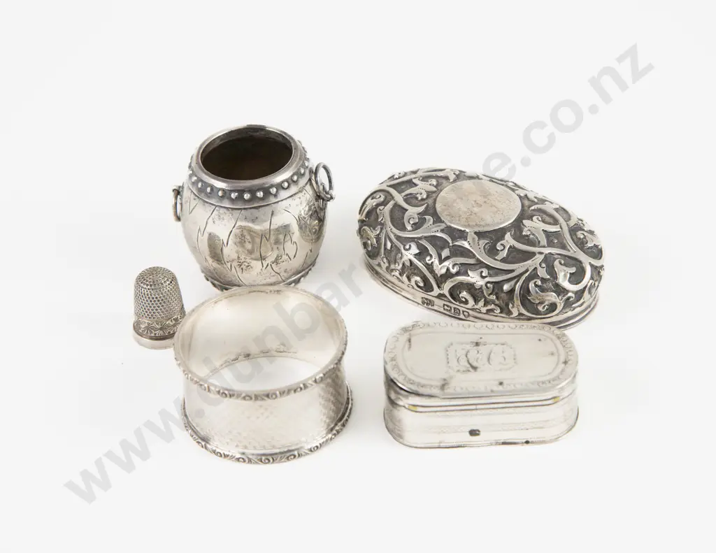 Geo III S/S Snuff Box Napkin Ring Thimble Barrel & Vanity Pot Lid Image 1++