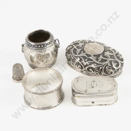 Geo III S/S Snuff Box Napkin Ring Thimble Barrel & Vanity Pot Lid