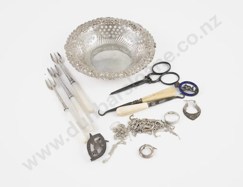S/S Bon Bon Dish, 3 Pickle Forks, 2 Button Hooks, Steel Scissors & Scrap S/S Jewellery Oddments Image 1++