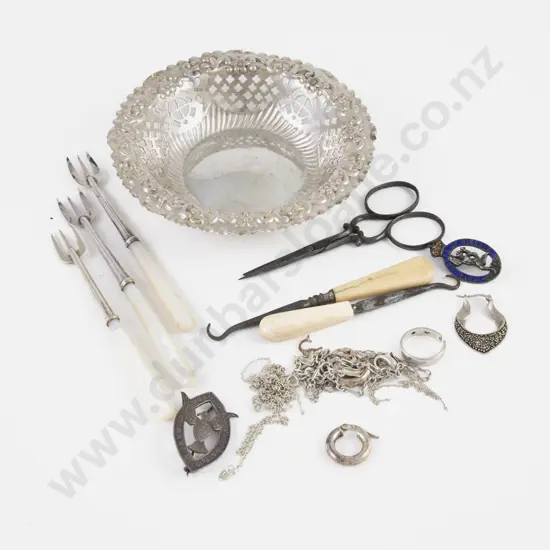 S/S Bon Bon Dish, 3 Pickle Forks, 2 Button Hooks, Steel Scissors & Scrap S/S Jewellery Oddments