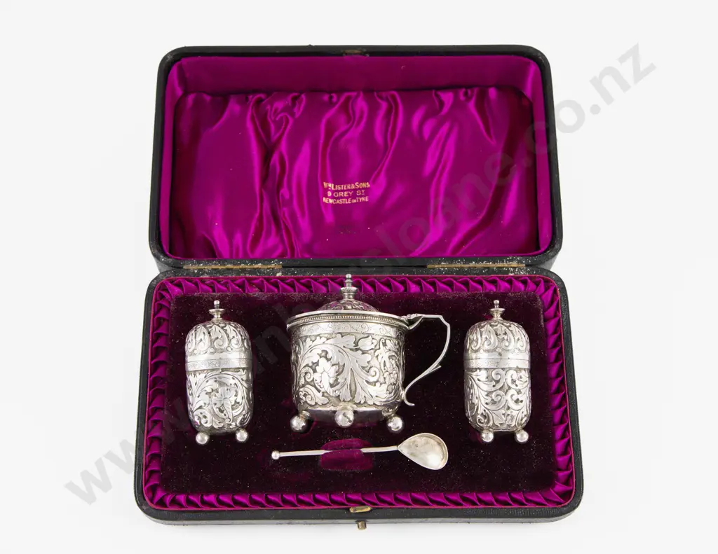 Boxed Vict S/S 3 Piece Cruet Set by Horace Woodward & Co Ltd Image 1++