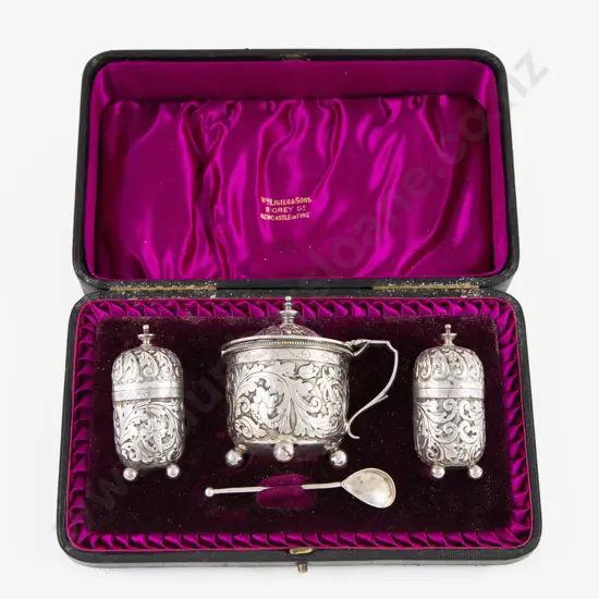 Boxed Vict S/S 3 Piece Cruet Set by Horace Woodward & Co Ltd