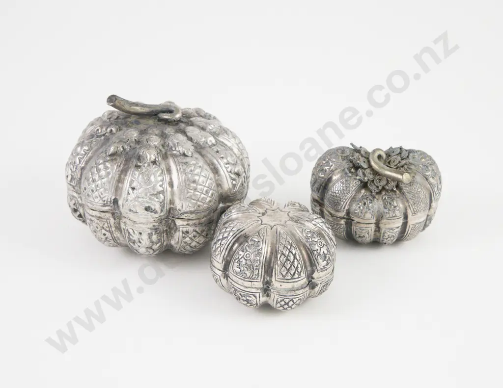 3 Cambodian Silver Novelty Pumpkin Form Betel Boxes Image 1++