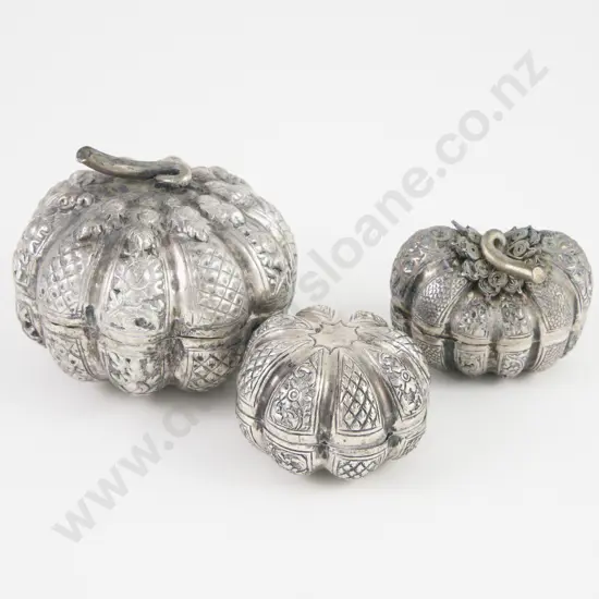 3 Cambodian Silver Novelty Pumpkin Form Betel Boxes