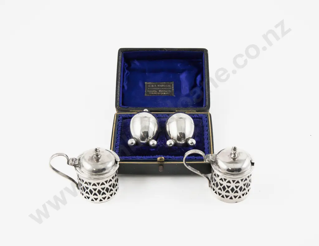Cased Pair Of S/S Pepperettes & Pair Of Mustard Pots Image 1++