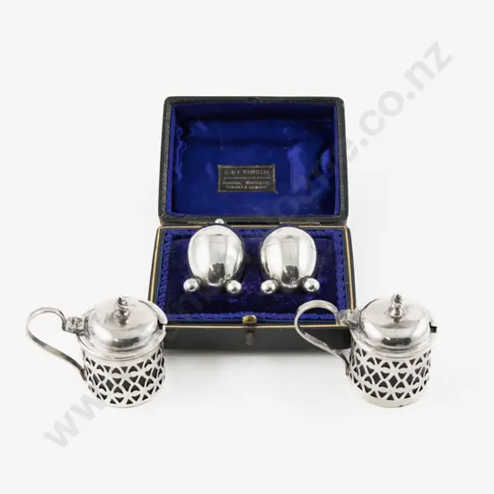 Cased Pair Of S/S Pepperettes & Pair Of Mustard Pots