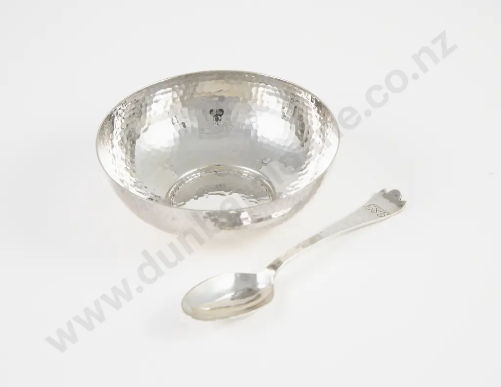 Boxed Edw VII S/S Arts & Crafts Christening Bowl & Spoon Image 1++