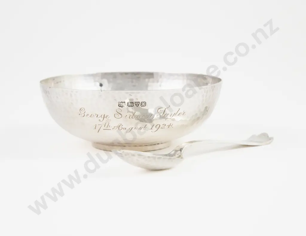 Boxed Edw VII S/S Arts & Crafts Christening Bowl & Spoon Image 1++