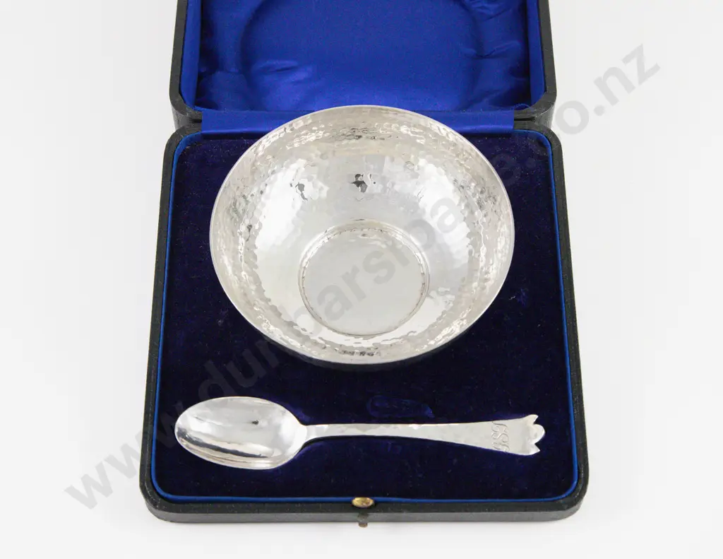Boxed Edw VII S/S Arts & Crafts Christening Bowl & Spoon Image 1++