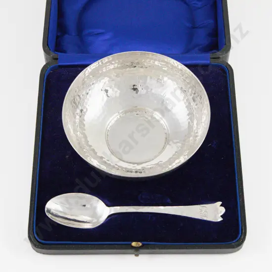 Boxed Edw VII S/S Arts & Crafts Christening Bowl & Spoon