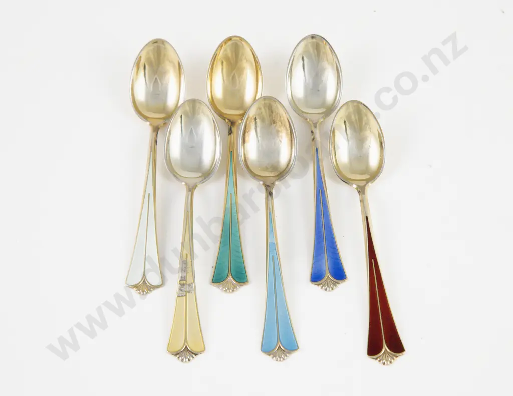 Set Of 6 Norwegian S/S & Coloured Enamel Coffee Spoons Image 1++