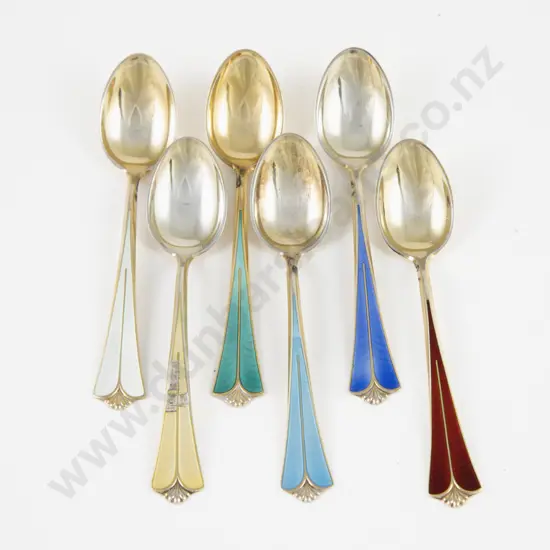 Set Of 6 Norwegian S/S & Coloured Enamel Coffee Spoons