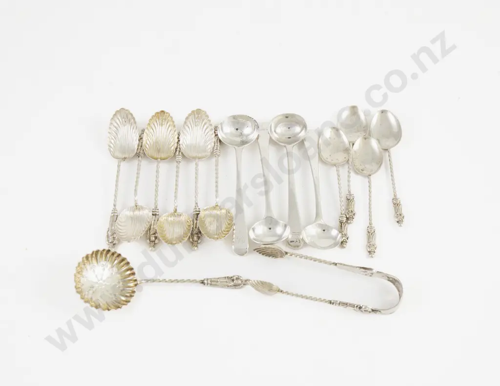 12 S/S Apostle Top Coffee Spoons Sifter Spoon & Tongs & 4 Salt Spoons Image 1++