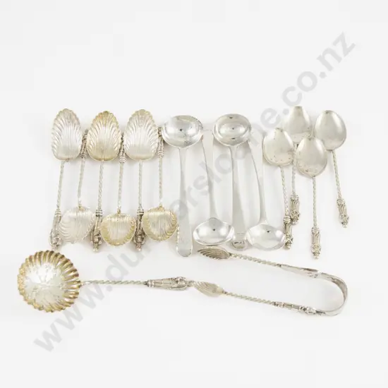 12 S/S Apostle Top Coffee Spoons Sifter Spoon & Tongs & 4 Salt Spoons