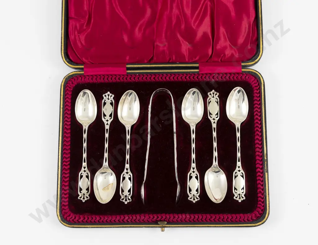Cased Set Of 6 Edw VII S/S Coffee Spoons & Tongs Image 1++