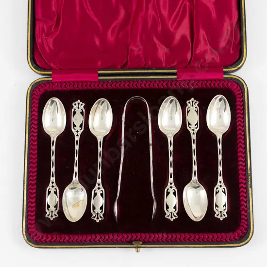 Cased Set Of 6 Edw VII S/S Coffee Spoons & Tongs