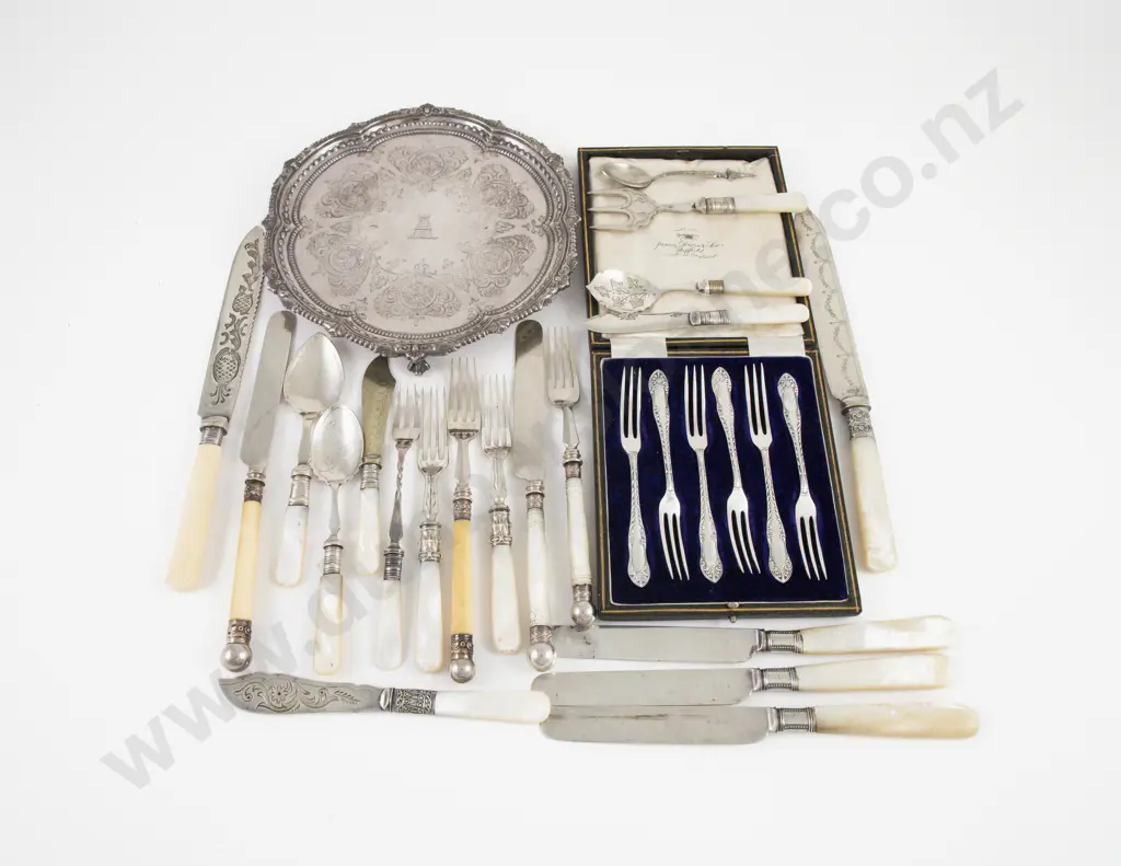 S/P Card Tray, Cased Set 6 S/P Cake Forks & Qty Of MOP & Bone Handled Cutlery Image 1++