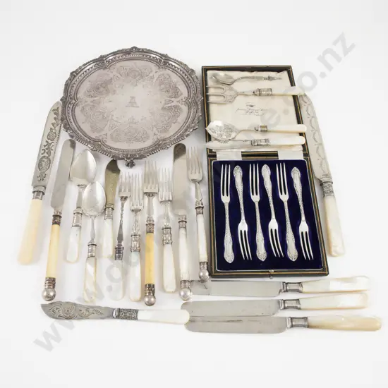 S/P Card Tray, Cased Set 6 S/P Cake Forks & Qty Of MOP & Bone Handled Cutlery