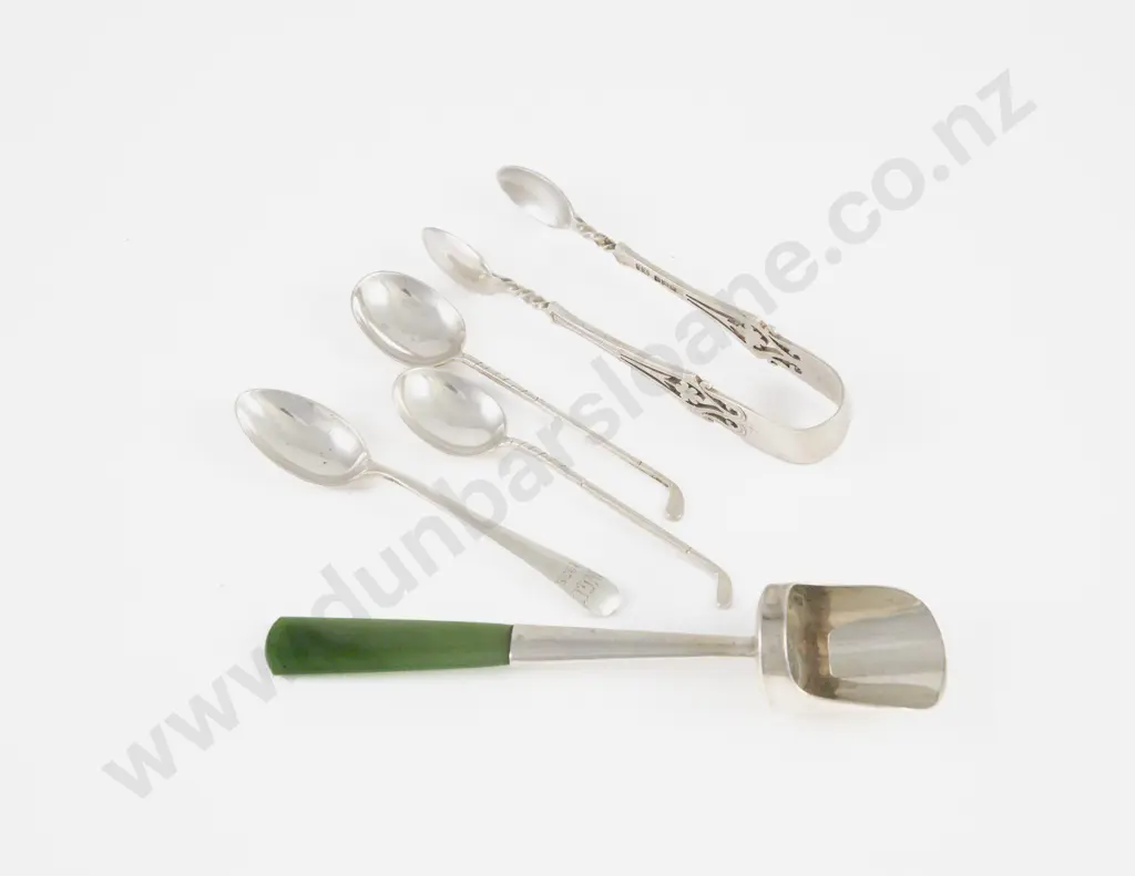 NZ S/S Greenstone Handled Caddy Spoon Sugar Tongs & 3 Coffee Spoons Image 1++