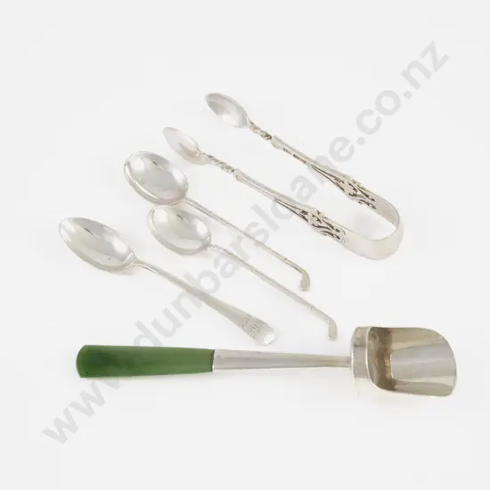 NZ S/S Greenstone Handled Caddy Spoon Sugar Tongs & 3 Coffee Spoons