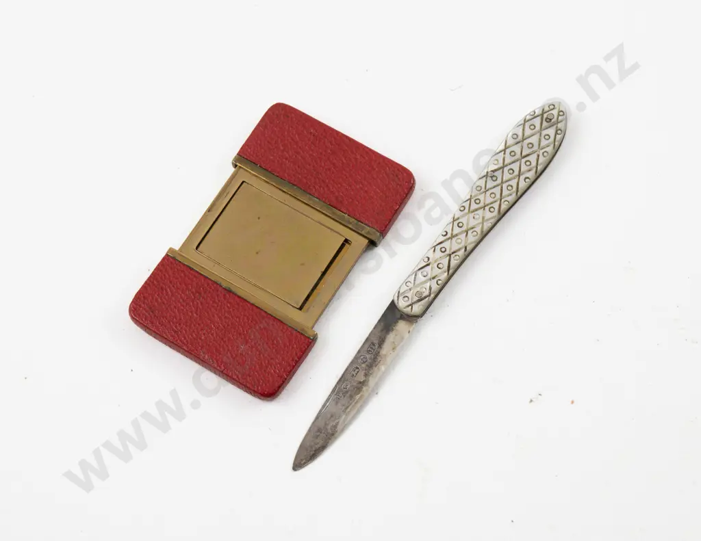 S/S Bladed MOP Fruit Knife & Red Morocco & Gilt Metal Telescopic Stamp Holder Image 1++