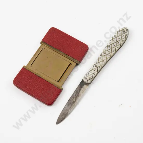 S/S Bladed MOP Fruit Knife & Red Morocco & Gilt Metal Telescopic Stamp Holder