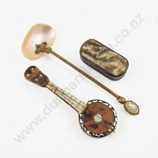Vict Horn Snuff Box, Miniature Tortoiseshell Mandolin, & Gilt Metal & MOP Spoon