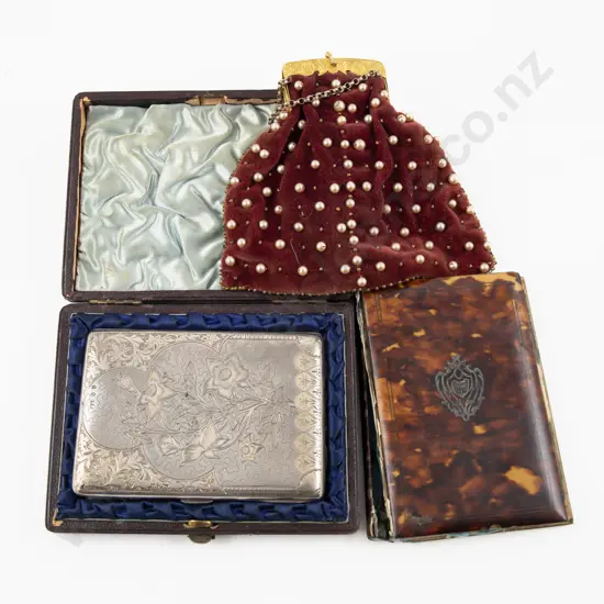 Ornately Engraved Cased Vict S/S Gilt Card Case, Tortoiseshell Card Case & Velvet & Beaded Coin Purse