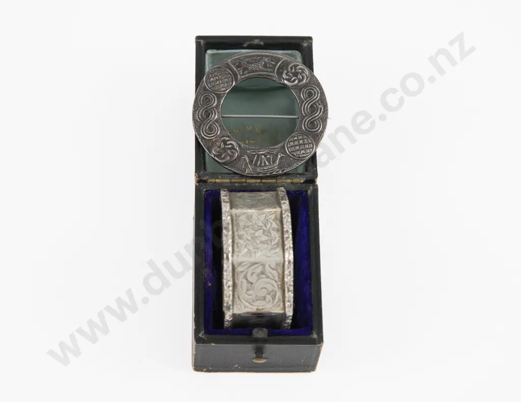 Boxed S/S Octagonal Napkin Ring & Scottish S/S Plaid Brooch Image 1++