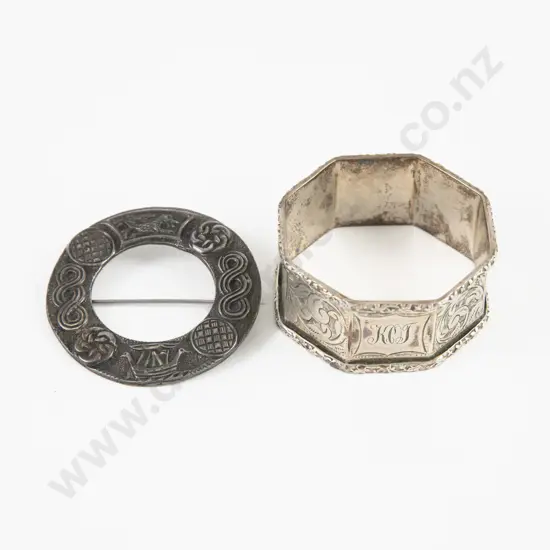 Boxed S/S Octagonal Napkin Ring & Scottish S/S Plaid Brooch