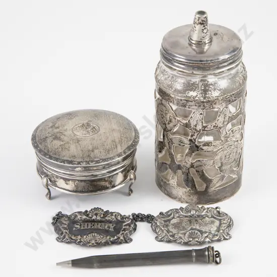 S/S Jewellery Box, Pair Of Decanter Labels & Silver Overlaid Nestle Glass Sugar Shaker & Propelling Pencil