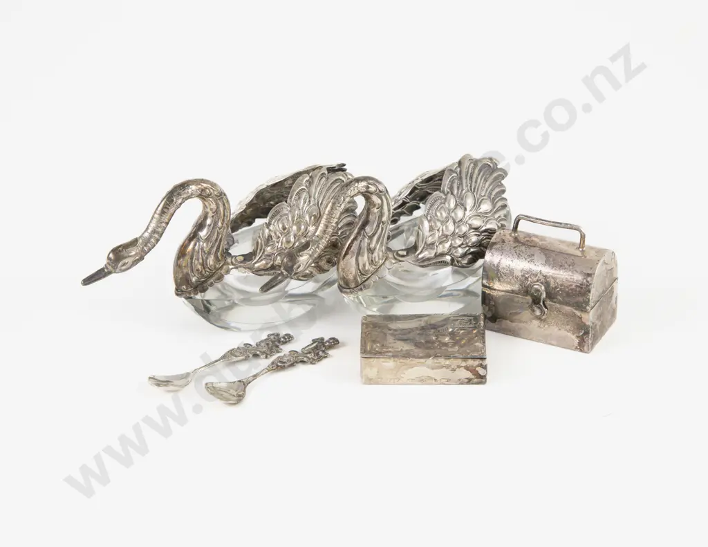 Pair Of German S/S & Cut Glass Swan Salts & Spoons Image 1++