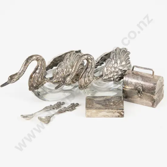 Pair Of German S/S & Cut Glass Swan Salts & Spoons