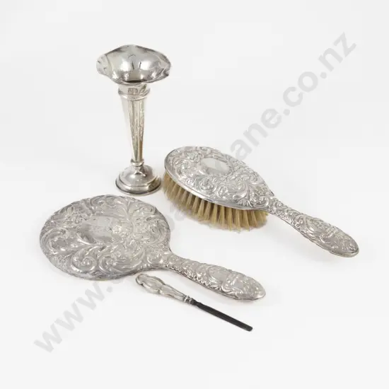 S/S Specimen Vase, S/S Backed Mirror & Brush & Nail File