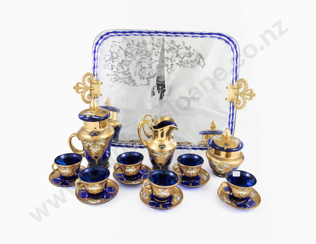 Murano Blue Glass Gilt & Floral Painted 15 Piece Teaset Including Tray Image 1++