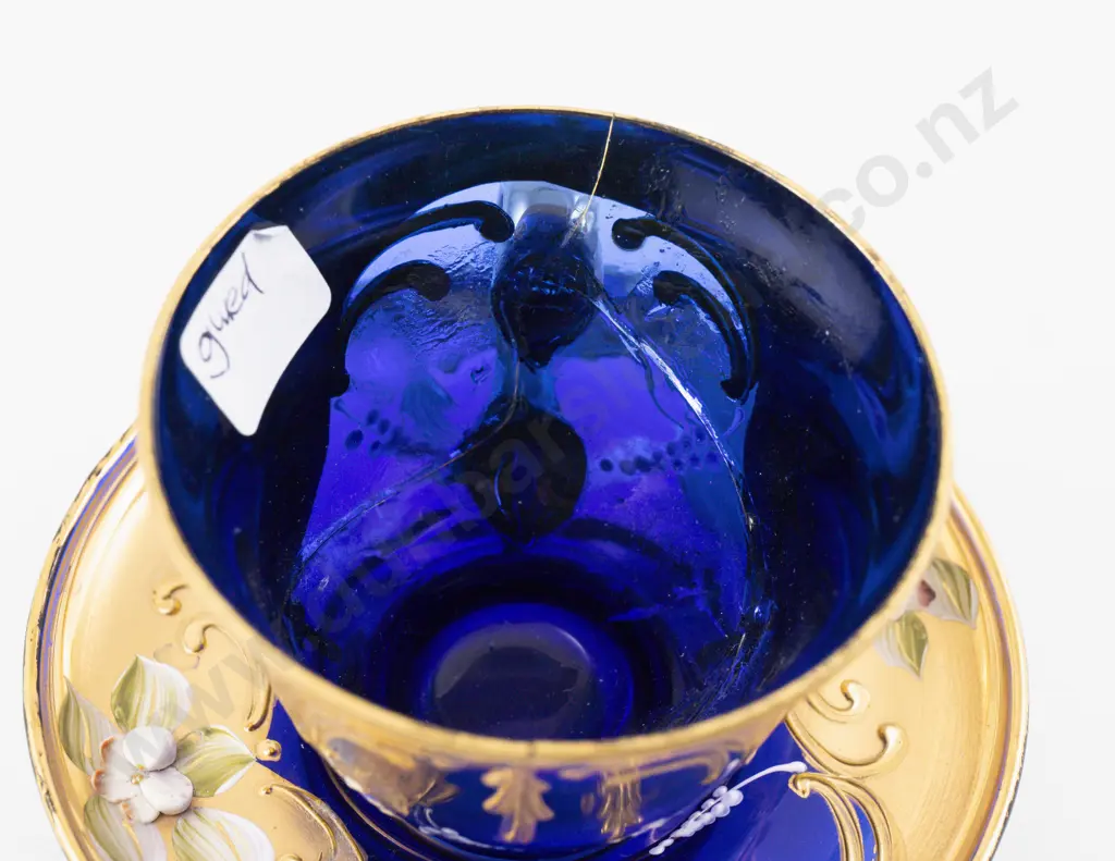 Murano Blue Glass Gilt & Floral Painted 15 Piece Teaset Including Tray Image 1++