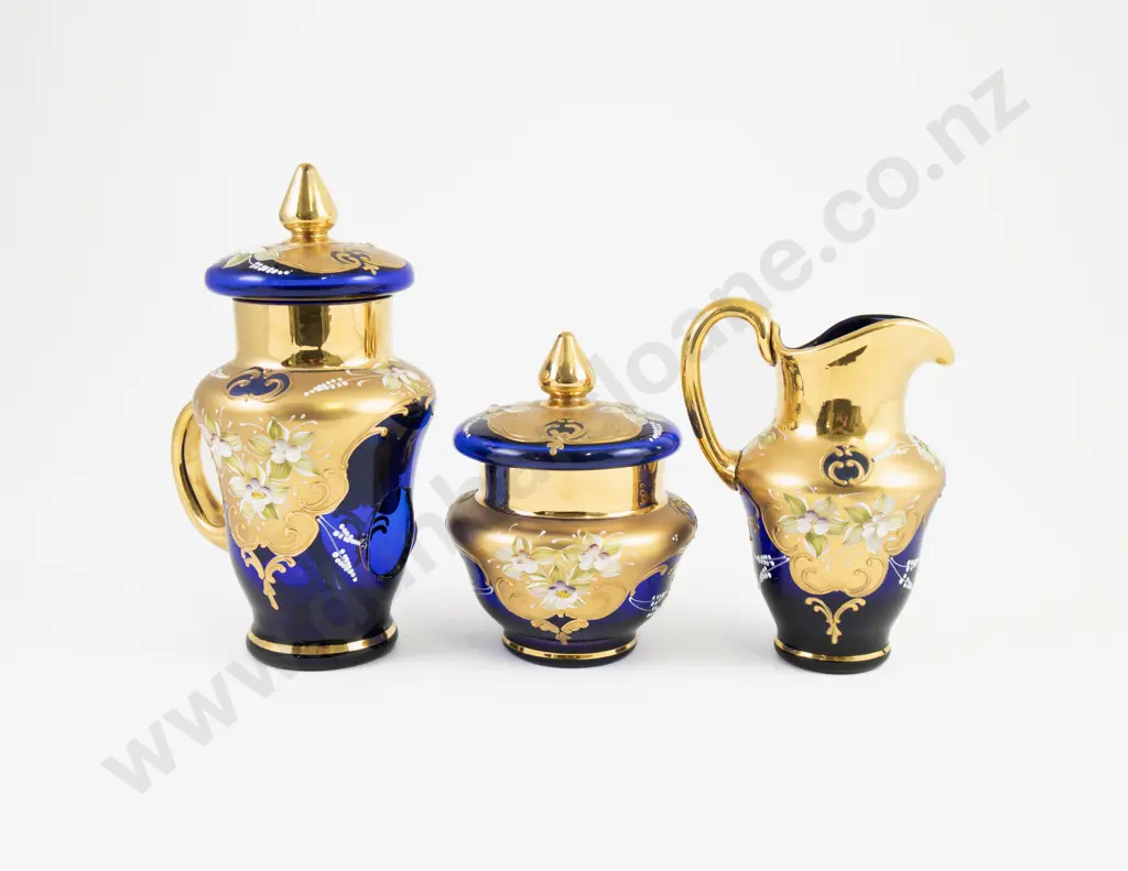 Murano Blue Glass Gilt & Floral Painted 15 Piece Teaset Including Tray Image 1++