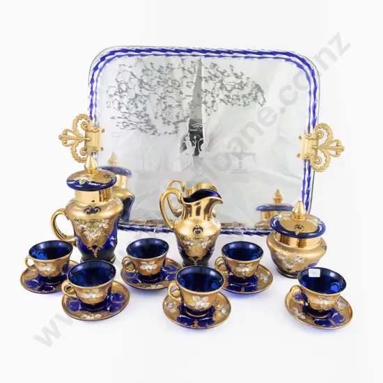 Murano Blue Glass Gilt & Floral Painted 15 Piece Teaset Including Tray