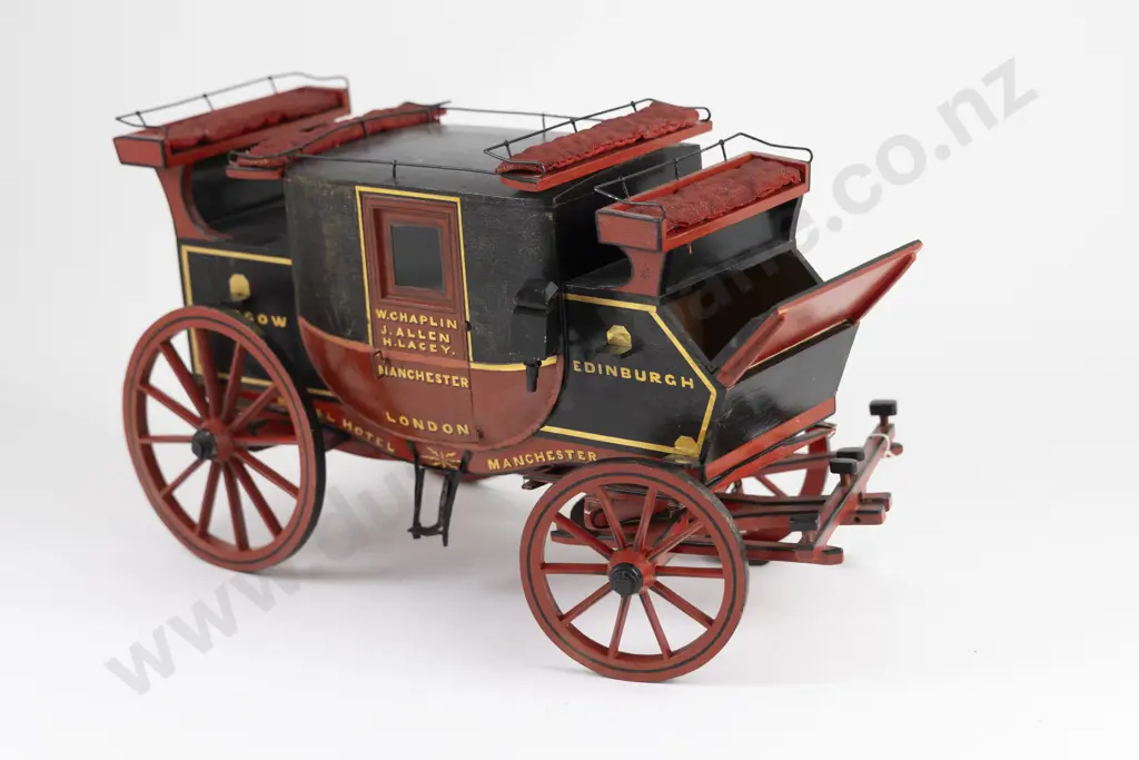 Vintage Scratch Built Red/Black & Gilt Painted Wooden Model of Victorian Mail Coach Image 1++